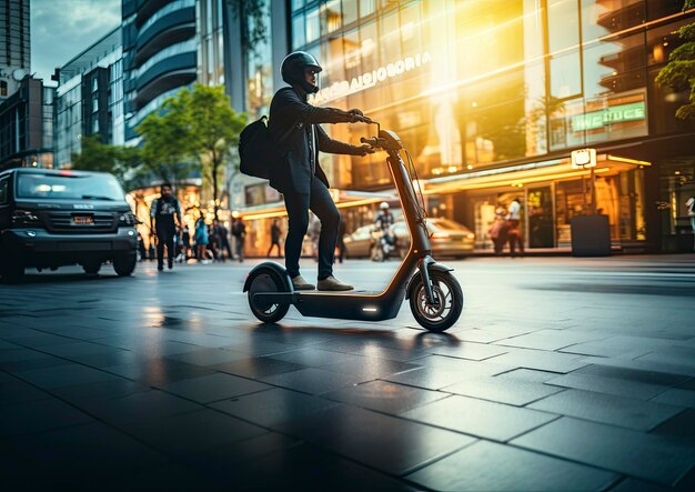 Foto un hombre de negocios que utiliza una tableta mientras conduce un scooter eléctrico