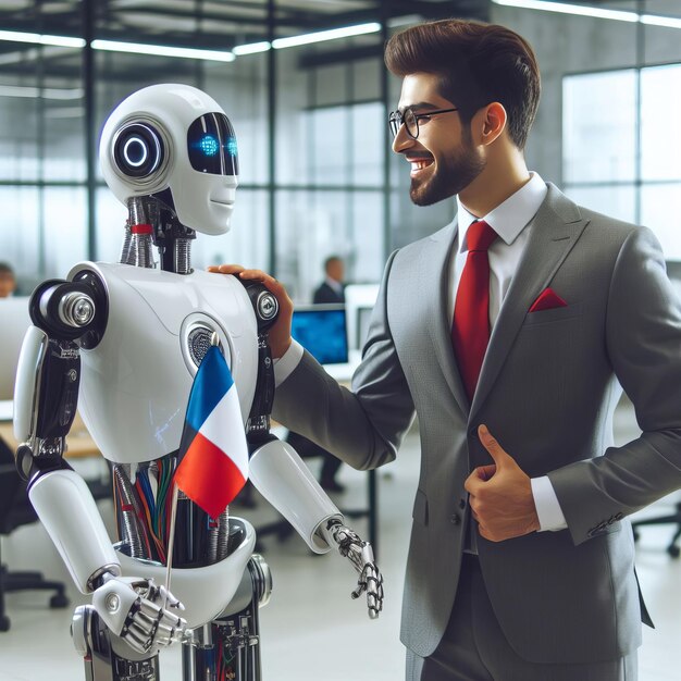 Hombre de negocios robot de saludo en la oficina moderna concepto de sociedad futurista