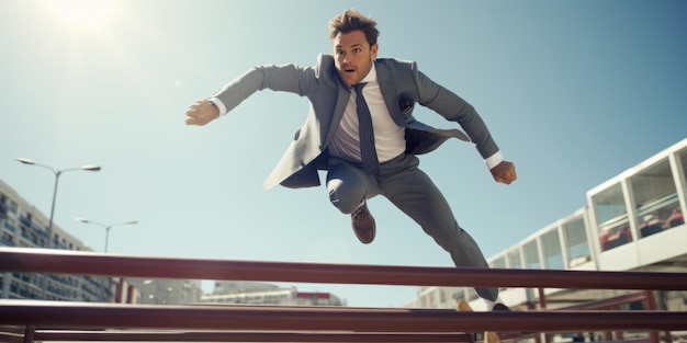 Foto el hombre de negocios salta la barrera superando problemas ia generativa