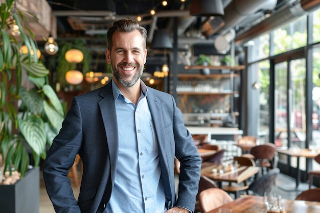 Foto un hombre de negocios satisfecho y guapo que dirige un restaurante.