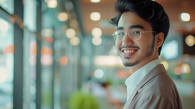 Foto el hombre de negocios saudí mira hacia atrás y una hermosa sonrisa tema oficina encantadora atmósfera kodak potra película