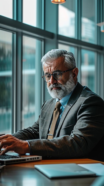 Un hombre de negocios sénior está representado usando una computadora portátil en una oficina corporativa moderna rodeada de otros autobuses