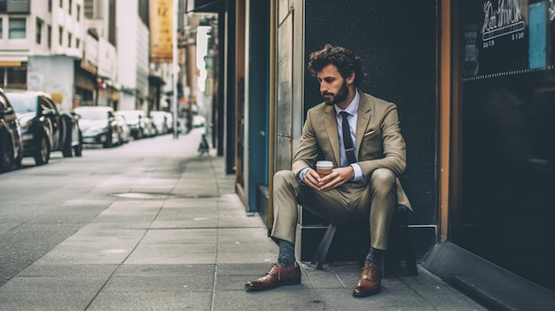 Hombre de negocios sentado en la acera en la calle de la ciudad