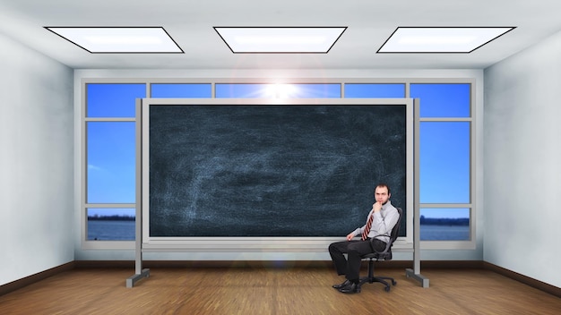 hombre de negocios, sentado, en, aula