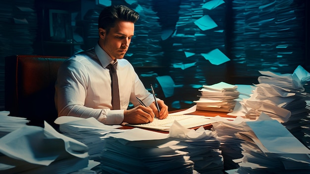 hombre de negocios sentado en un escritorio con papeles