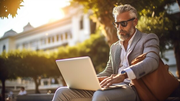 Hombre de negocios sentado en un escritorio trabajando en una computadora portátil