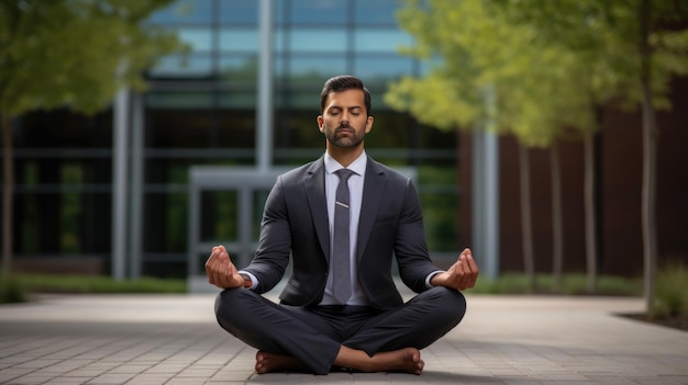 Un hombre de negocios sentado en una postura de yoga en la calle en una ciudad moderna creada con tecnología de IA generativa