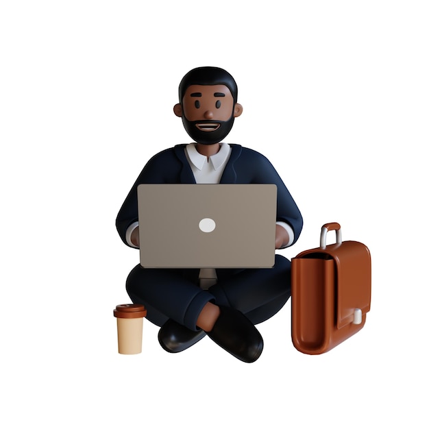 hombre de negocios sentado en el suelo usando un portátil de carácter 3D
