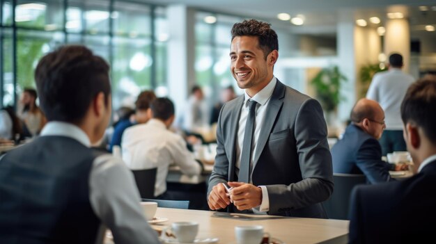 Un hombre de negocios serio y confiado se presenta con traje en el contexto de una oficina moderna