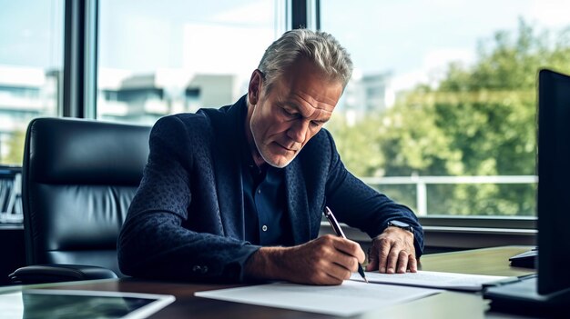 Hombre de negocios serio sentado en un escritorio y firmando documentos en una oficina profesional