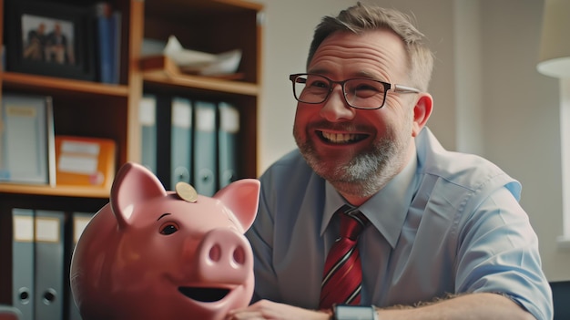 Hombre de negocios sonriente con una alcancía en una oficina que establece el concepto de planificación financiera y ahorro, el retrato alegre del asesor financiero, la vestimenta profesional limpia, la IA.