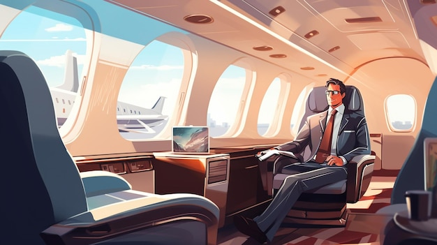Hombre de negocios sonriente con anteojos sentado en un avión privado Foto de alta calidad