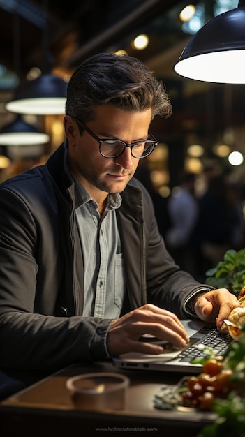 hombre de negocios sonriente con anteojos sentado junto a la mesa en el café con computadora portátil mientras usa smar