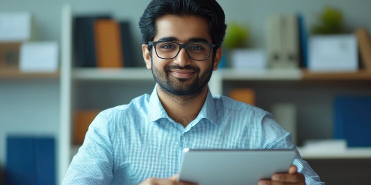 Un hombre de negocios sonriente en un escritorio