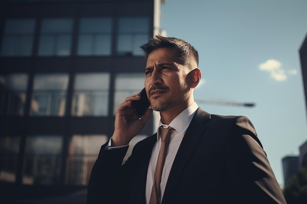 hombre de negocios, sonriente, en, llamada telefónica, en, el, ajetreado, ciudad, con, sol, rayos