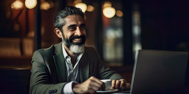 Hombre de negocios sonriente que usa la computadora portátil en la cafetería AI generativa