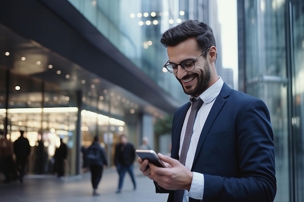 Un hombre de negocios sonriente con ropa de moda que usa un teléfono inteligente para ir a trabajar a la ciudad