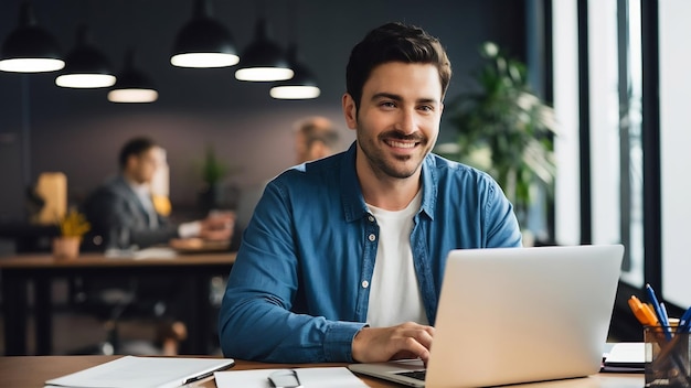 Un hombre de negocios sonriente trabajando en la oficina mirando a la cámara usando una computadora portátil