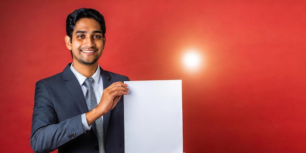 hombre de negocios sosteniendo una hoja blanca de copyspace aislado en fondo rojo