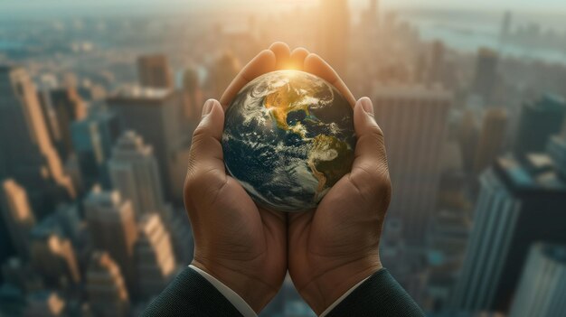 Foto hombre de negocios sosteniendo el planeta tierra con la ciudad como fondo