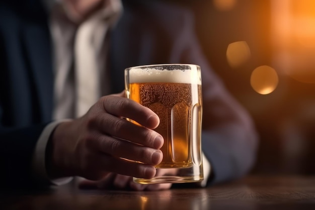 Un hombre de negocios sosteniendo un vaso de cerveza fría IA generativa