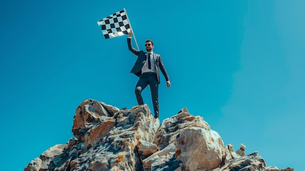 Un hombre de negocios sostiene una bandera a cuadros en la cima de una montaña
