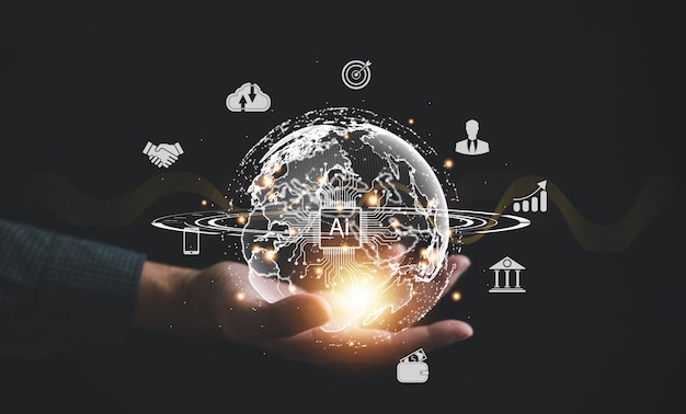 Un hombre de negocios sostiene un globo que simboliza la integración de la tecnología y el análisis en el mercado internacional Los grandes datos alimentan la inteligencia empresarial y el crecimiento económico