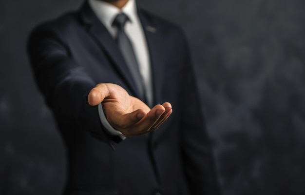 Un hombre de negocios sostiene la mano abierta en el fondo gris de la imagen de lanzamiento de la marca