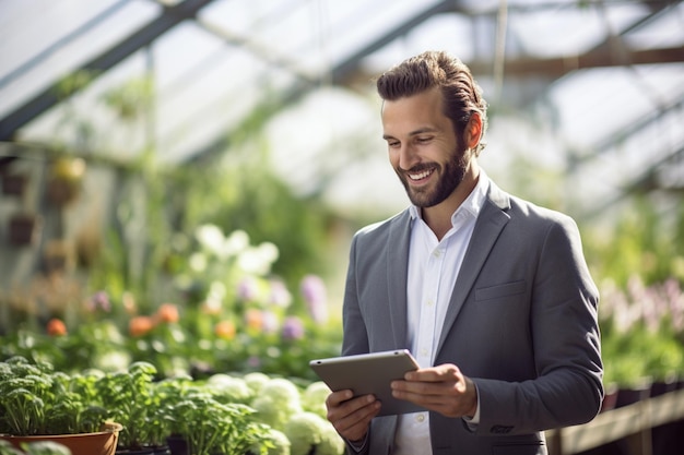 Un hombre de negocios sostiene una tableta para monitorear la producción agrícola en un vivero con IA generativa