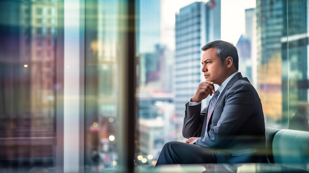 Un hombre de negocios sumido en sus pensamientos mirando por una gran ventana con un colorido telón de fondo de la ciudad