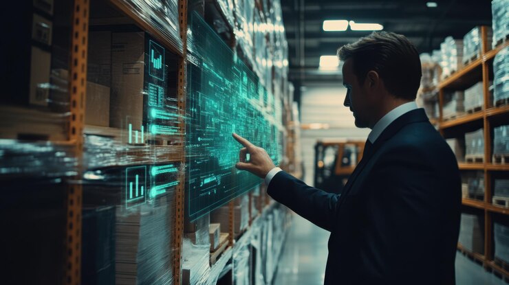 Foto el hombre de negocios en la tecnología de almacén