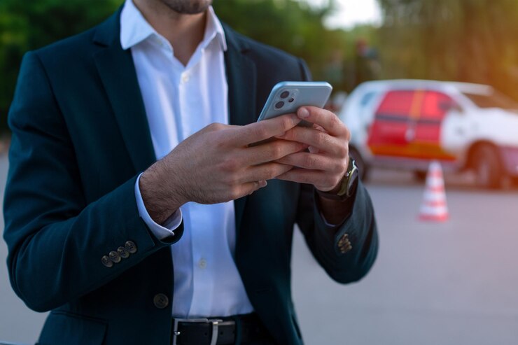 Foto hombre de negocios con teléfono en las manos nueva calidad universal colorida tecnología stock ilustración