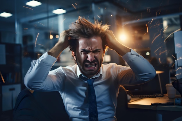 hombre de negocios tirando de su cabello con enojo en medio de la noche en la ilustración generativa de ai de la oficina