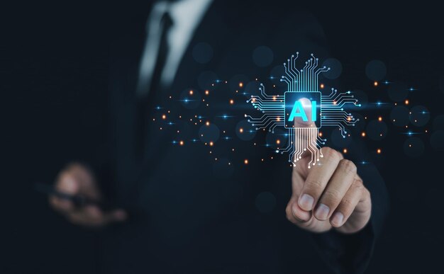 Hombre de negocios tocando el concepto de aprendizaje profundo de IA IA inteligencia artificial IA máquina