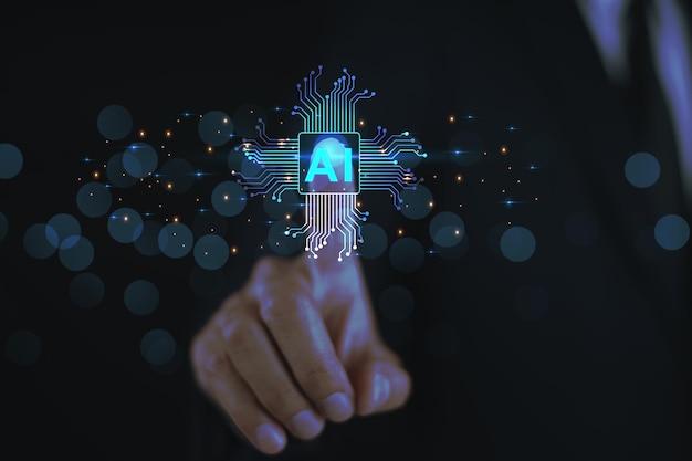 Hombre de negocios tocando el concepto de aprendizaje profundo de IA IA inteligencia artificial IA máquina