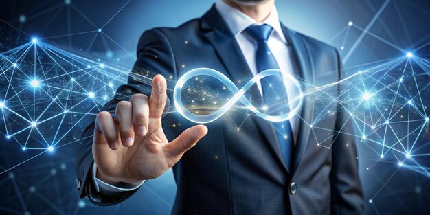 El hombre de negocios tocando el icono del infinito en la conexión de red global el infinito de Internet ilimitado