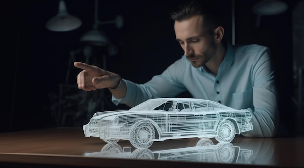 Un hombre de negocios tocando un modelo de automóvil moderno sobre una mesa AI generativa AIG21