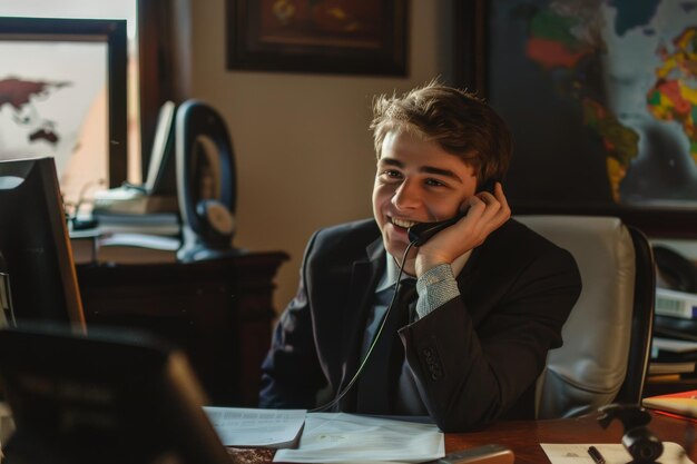 hombre de negocios toma una llamada telefónica en su oficina sonriendo servicio al cliente concepto de negocio