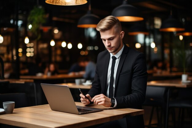 Un hombre de negocios trabajando en una computadora portátil en una cafetería.