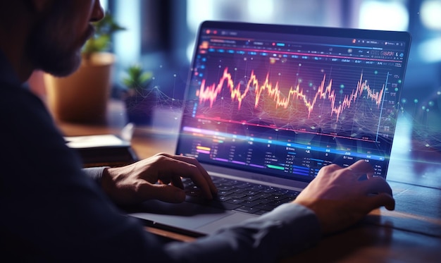 Foto hombre de negocios trabajando a mano en el monitor de la computadora con gráfico de divisas brillante concepto de inversión y comercio