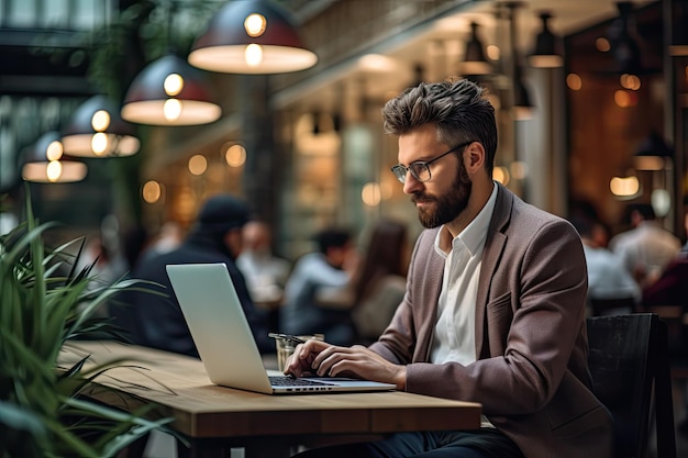 hombre de negocios trabajando en su computadora portátil y sentado en una cafetería El enfoque está en el hombre de negocios y el fondo está ligeramente borroso