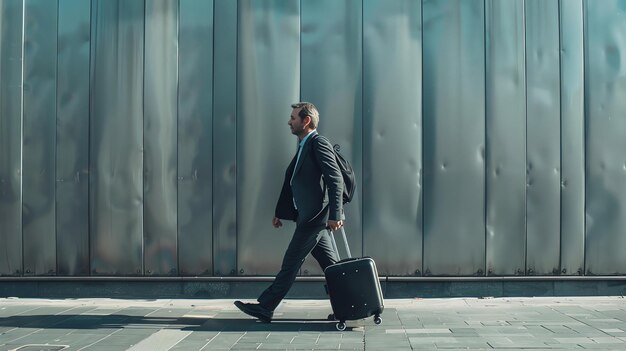 Foto hombre de negocios en traje caminando con una maleta en la calle de la ciudad