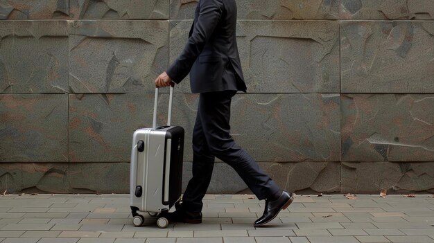 Foto hombre de negocios en traje caminando con una maleta en movimiento