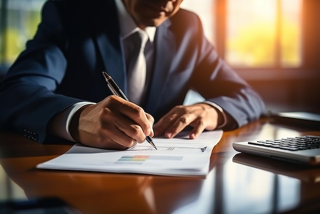 Hombre de negocios en traje escribiendo en papel con pluma mientras está sentado en el escritorio en la oficina