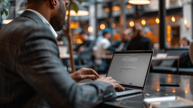 Un hombre de negocios en traje está escribiendo en una computadora portátil en un café.