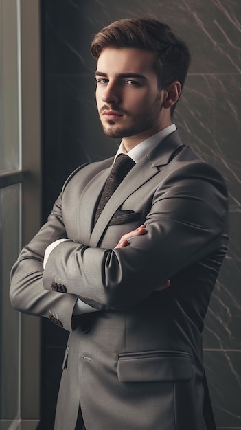 Un hombre de negocios en un traje gris posando con sus brazos