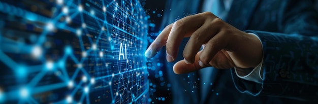 Hombre de negocios en traje interactuando con la IA en una pantalla digital en un entorno de oficina