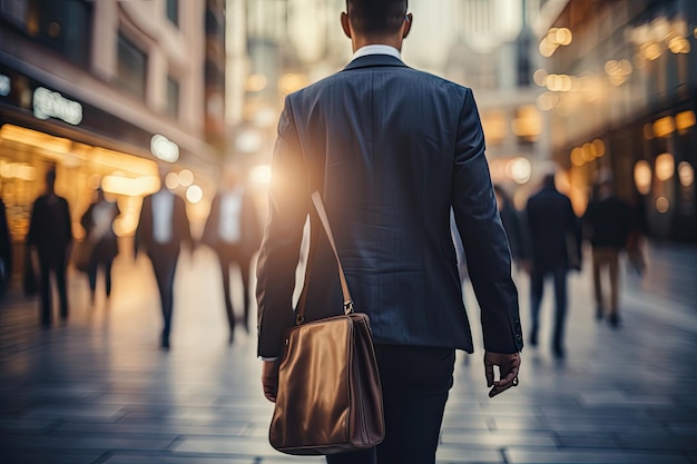 Un hombre de negocios en traje con un maletín caminando con confianza en una calle concurrida El fondo está borroso y el foco está en el hombre de negocios