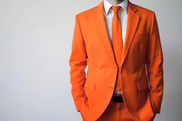 Un hombre de negocios en un traje naranja sobre un fondo blanco está aislado