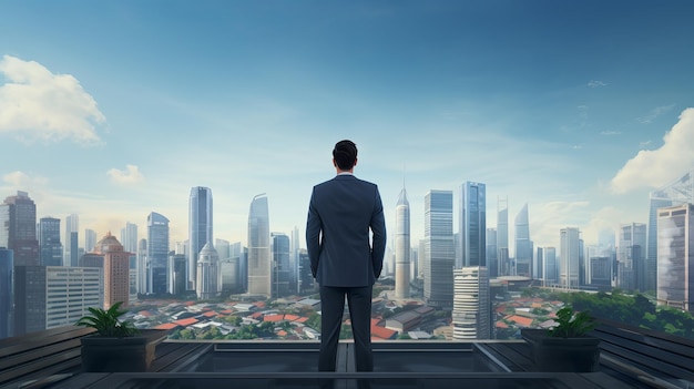 Un hombre de negocios en traje observando el paisaje de la ciudad desde arriba